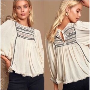 Free People Women's Cyprus Avenue Embroidery Blouse Ivory Balloon Sleeve Size XS
